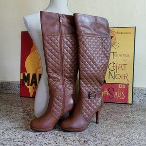 NWOT Platanitos Faux Leather Cognac Quilted Heeled Knee-High Boots